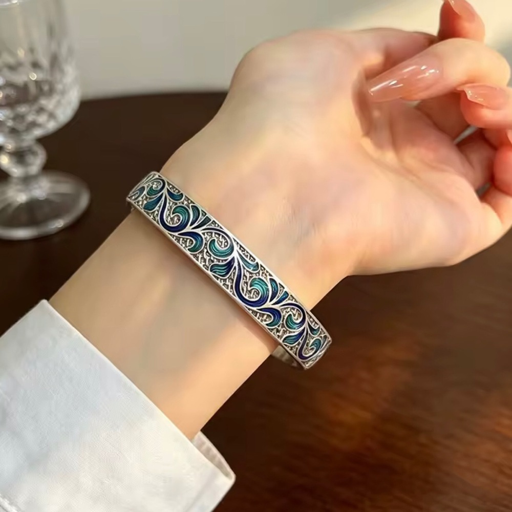 Sterling Silver Blue-Green Enamel Cuff Bracelet